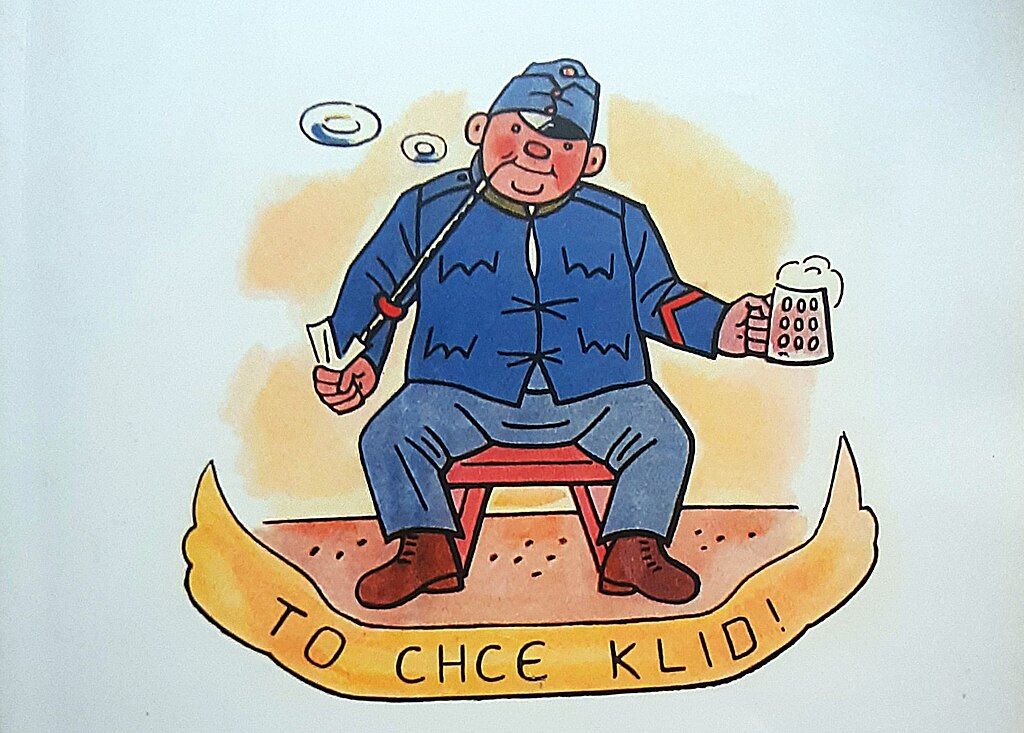 Digitalizace obrázku od Josefa Lady, který znázorňuje Švejka, v obrázku nápis "to chce klid!" a dopřává si pivo