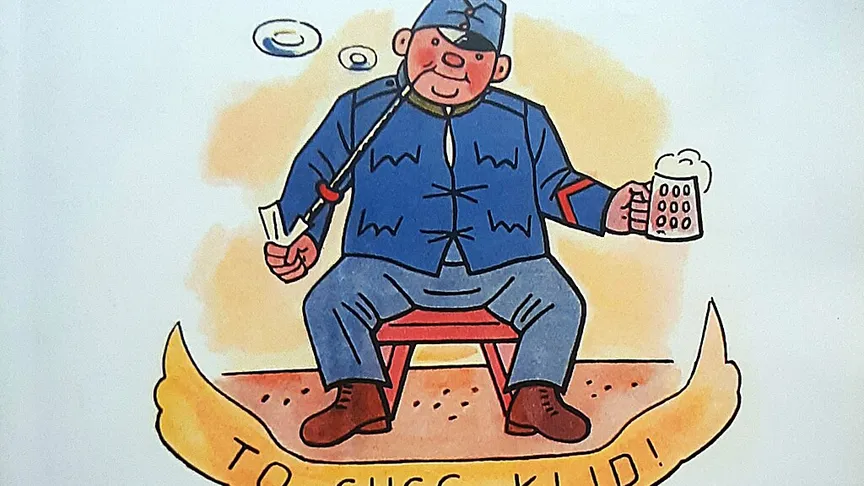 Digitalizace obrázku od Josefa Lady, který znázorňuje Švejka, v obrázku nápis "to chce klid!" a dopřává si pivo