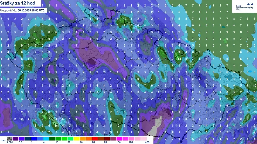 Mapa srážek ČHMÚ pro pondělí 6.10. 2025