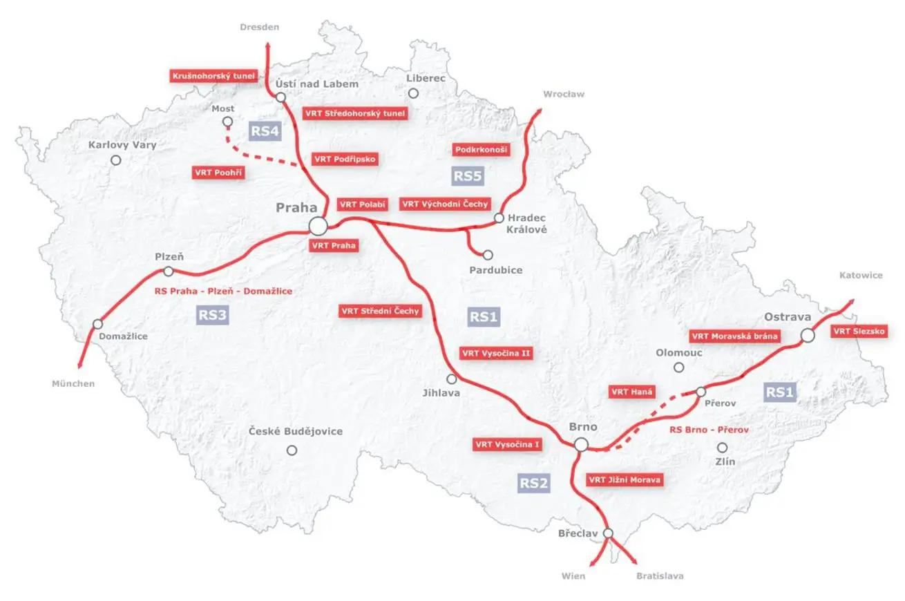 Mapa plánovaných vysokorychlostních tratí