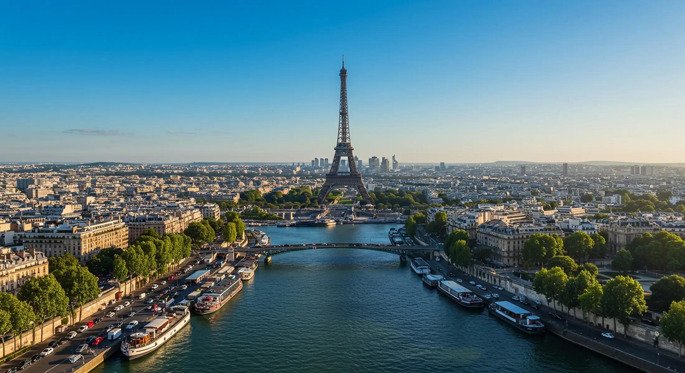 Letecký pohled na Paříž. Uprostřed je vidět řeka Seina, Eiffelova věž a z obou stran město.