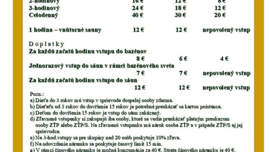 Ceník koupaliště Podhájska.