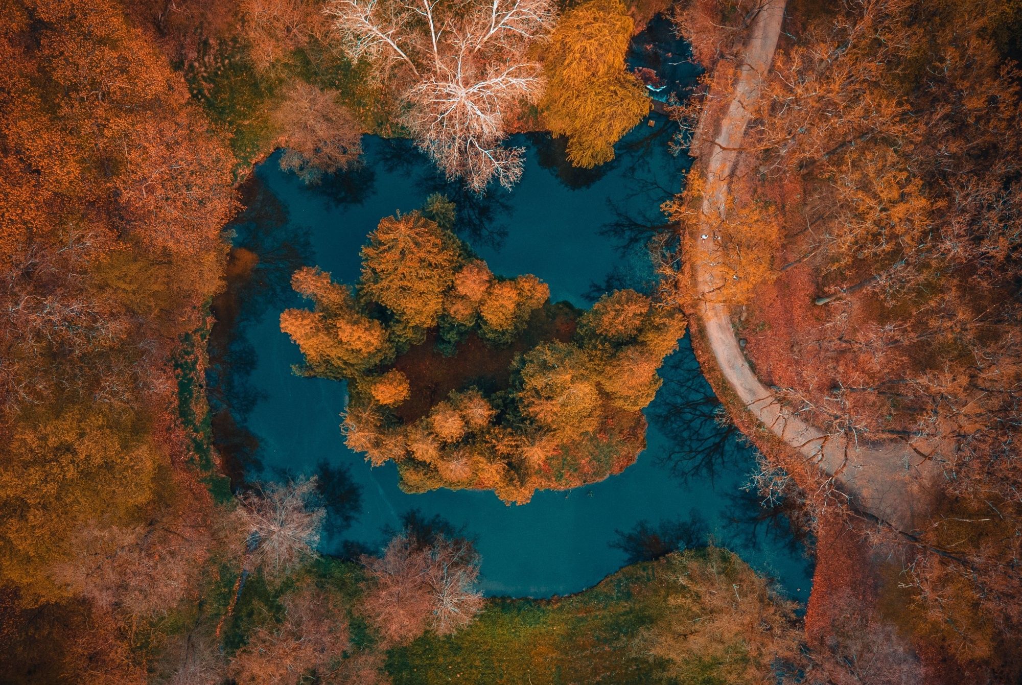 pohled dronem na Průhonickou zahradu v podzimních barvách