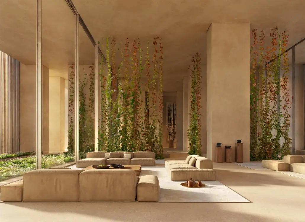 Vizualizace terasy s vodními a rostlinnými prvky v Muraba vail