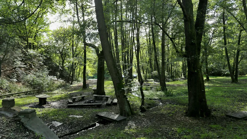 Park ve městě Mikulov, který je osázen stromy a lesnatým porostem.