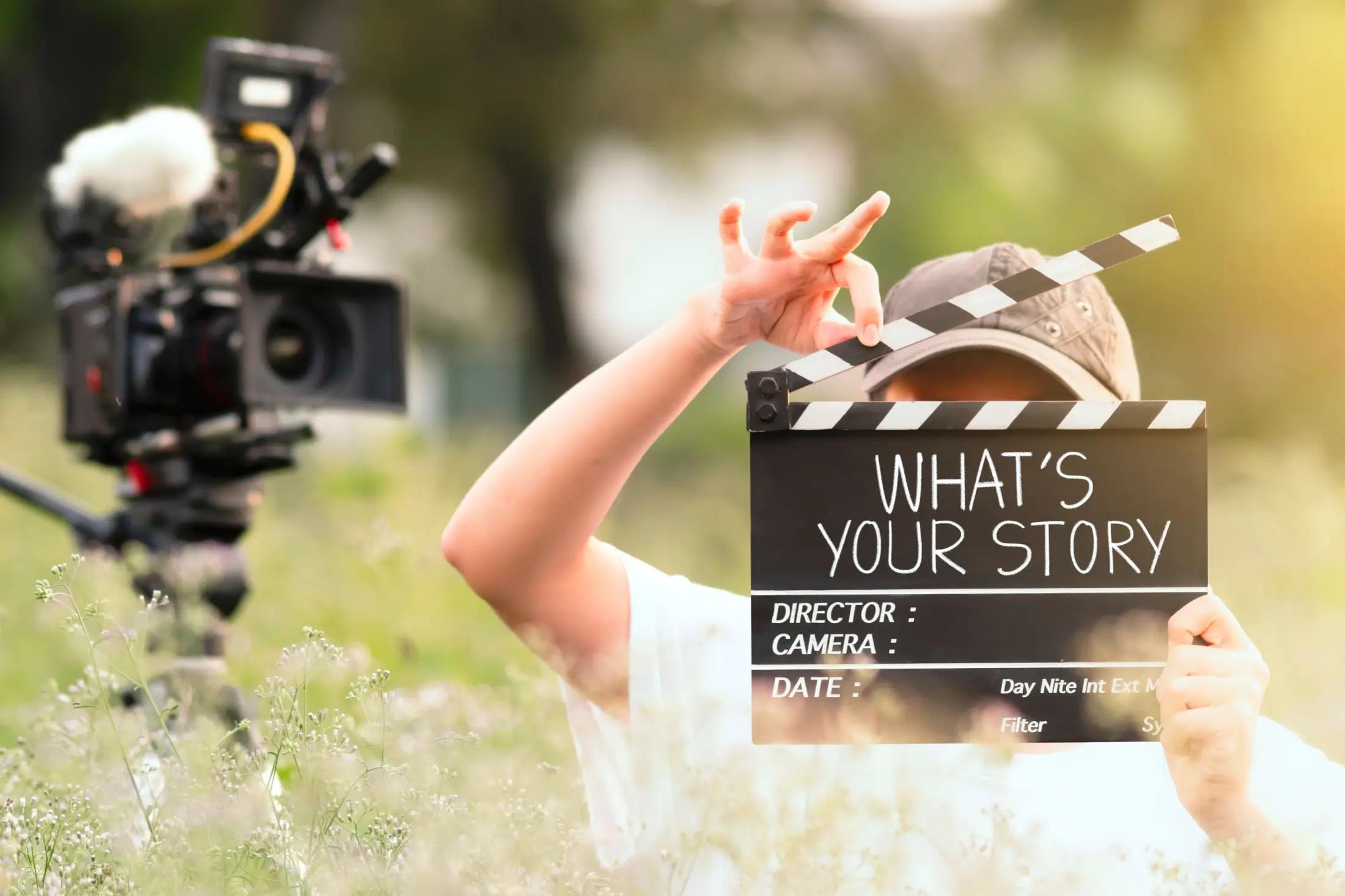 Fotka filmové klapky, kterou drží dítě. Nalevo vedle toho je profesionální kamer na stativu.