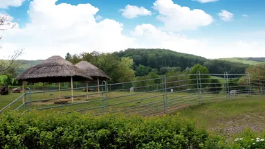 Výhled na ohradu pro zvířata a dva přístřešky v ZOO Košice.