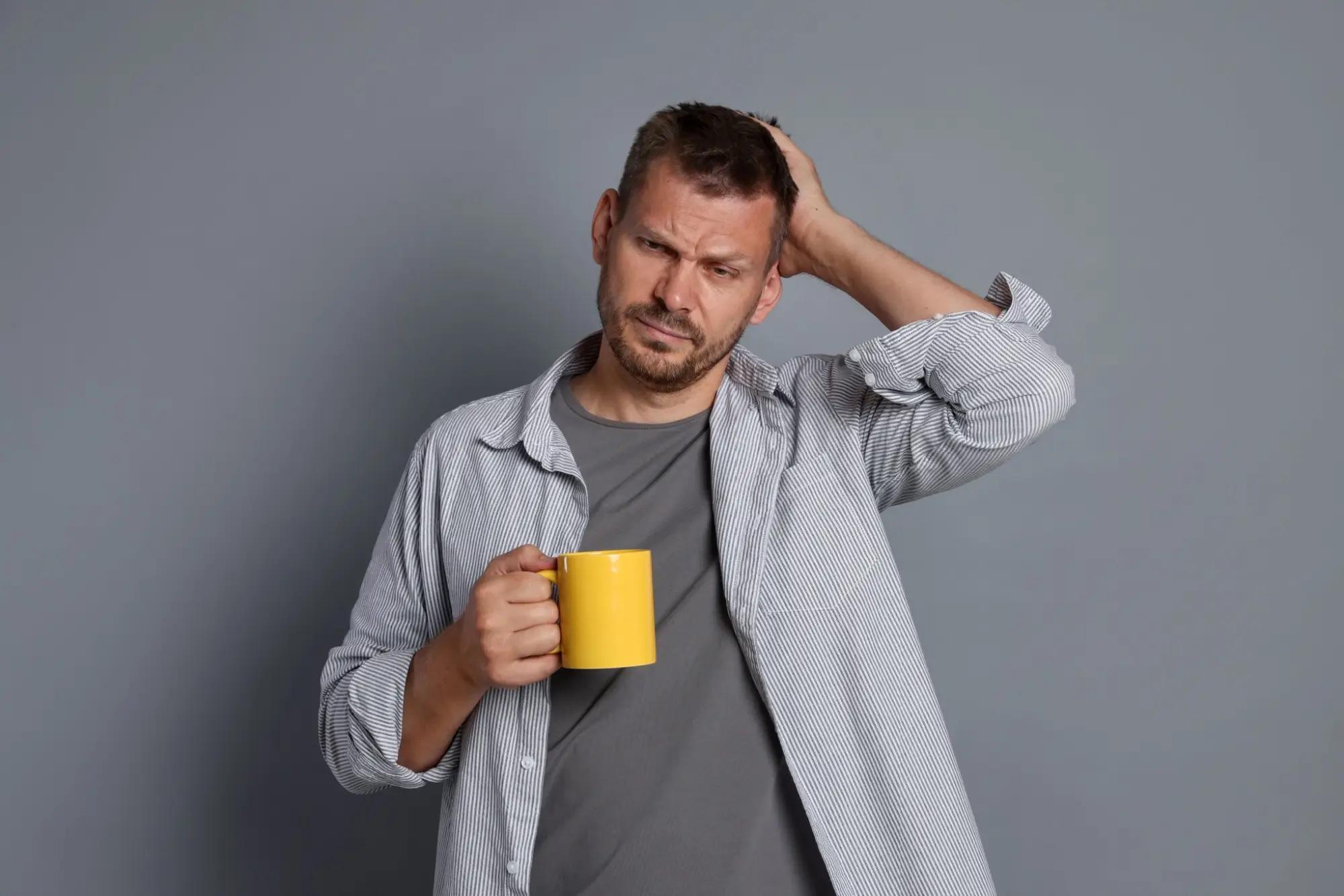 muž pije ze žlutého hrnku