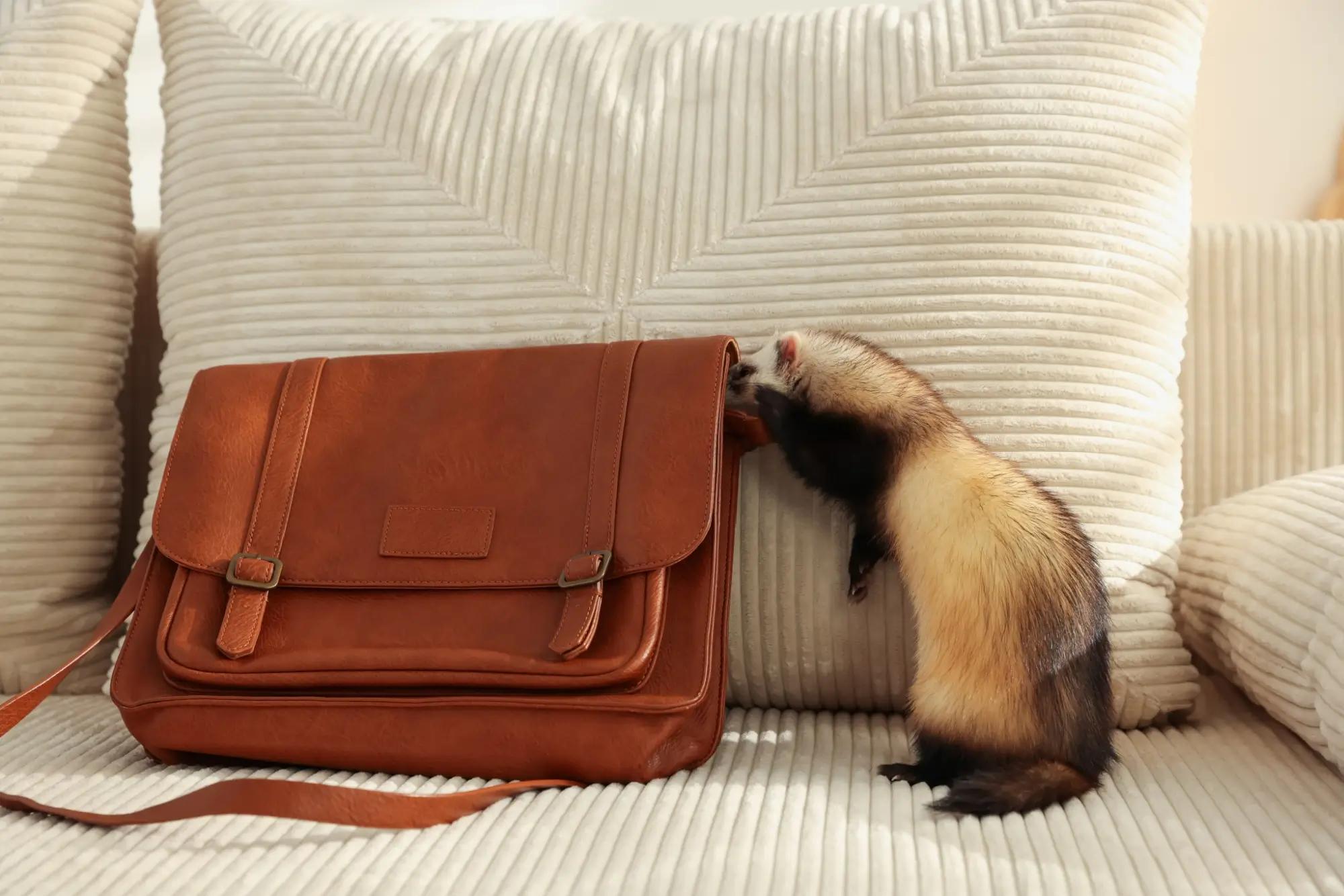 Fretka prozkoumává tašku na pohovce