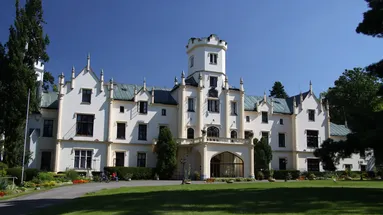 Čelní pohled na budovu novogotického zámku Vráž, ve kterém se nachází léčebné sanatorium