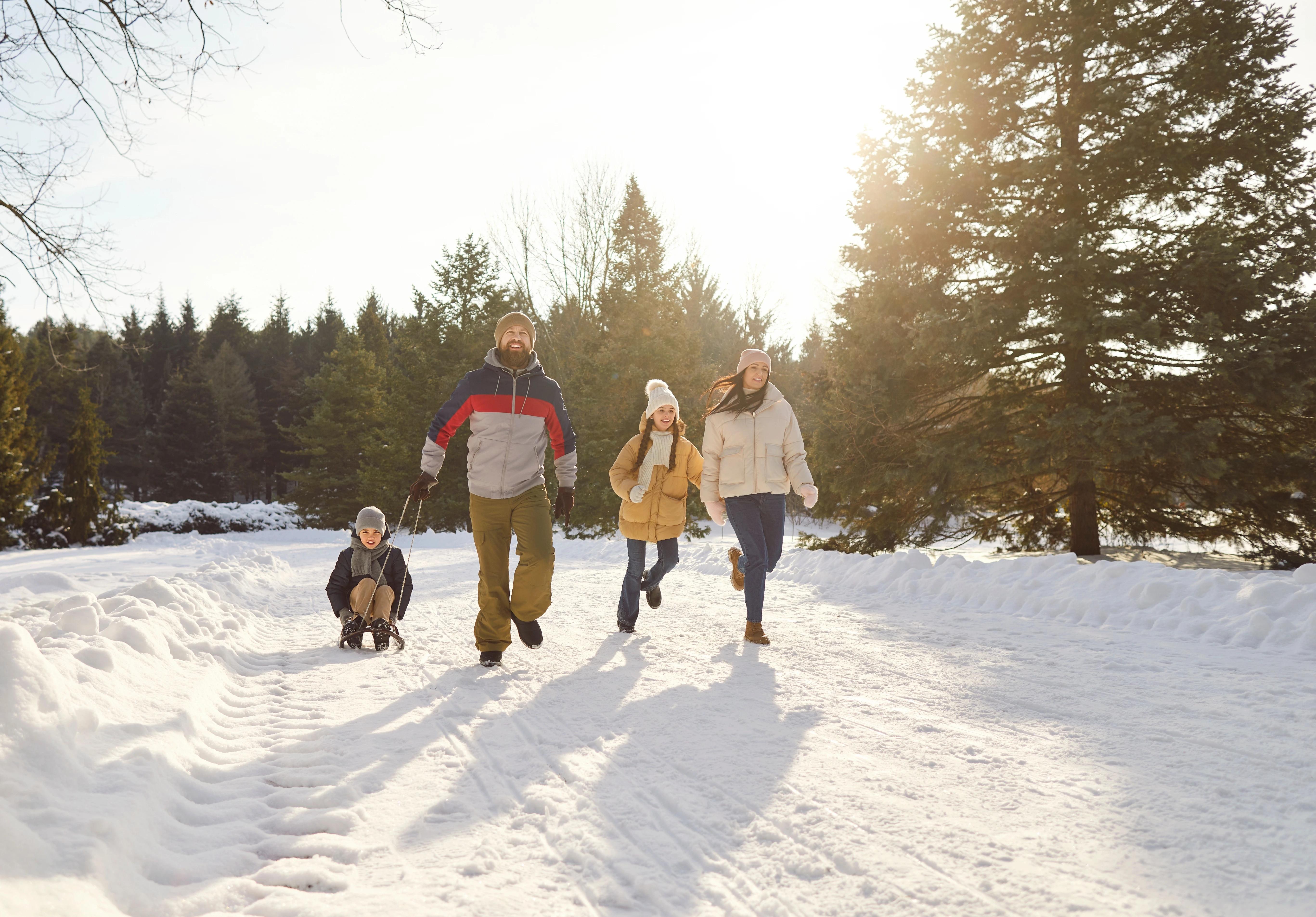 Rodiče si užívají s dcerou a synem zimní radovánky na sněhu v přírodě za slunečného dne