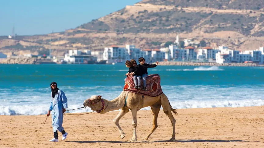Velbloud s dětmi na zádech procházející se po pláži