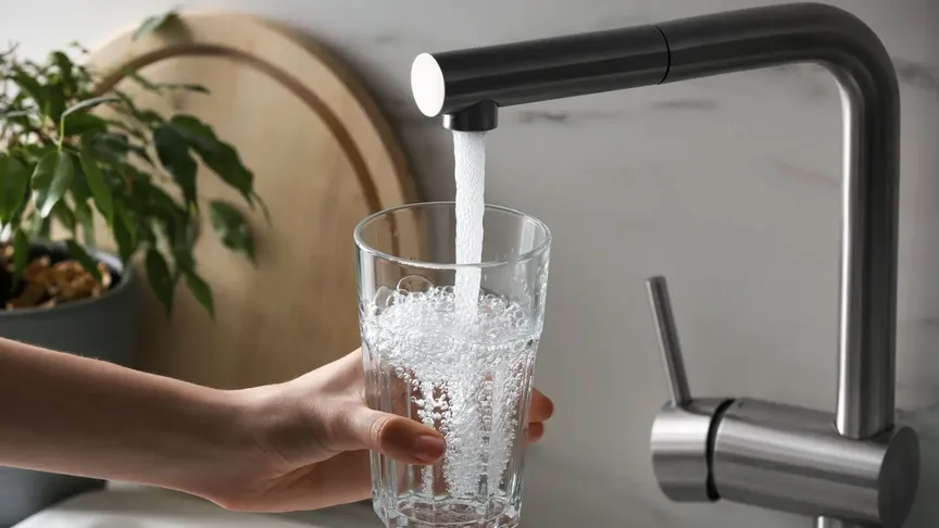 žena si napouští sklenici vody z kohoutku v kuchyni