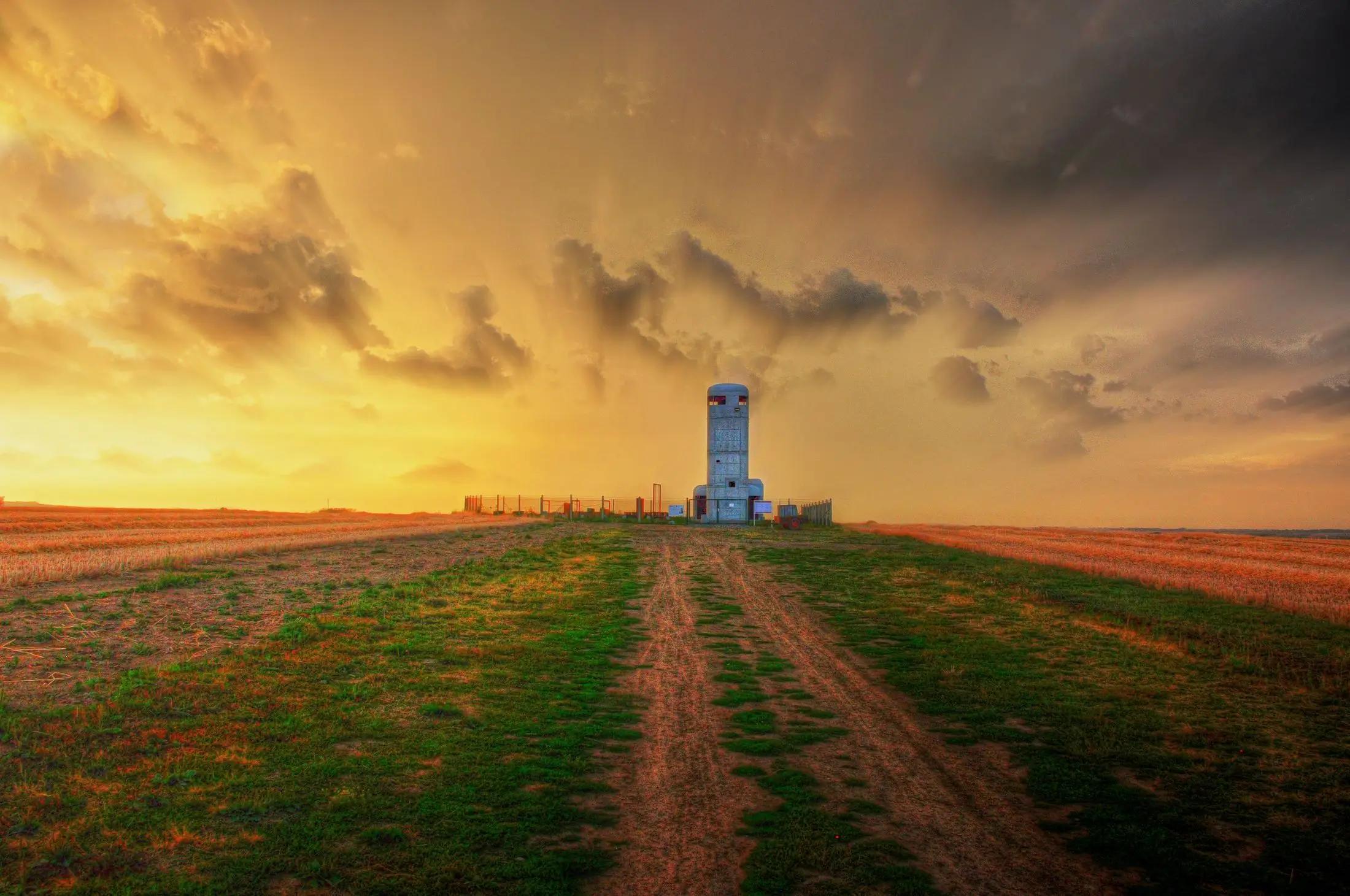 Rozhledna Šibenice focena z větší dálky během západu Slunce.