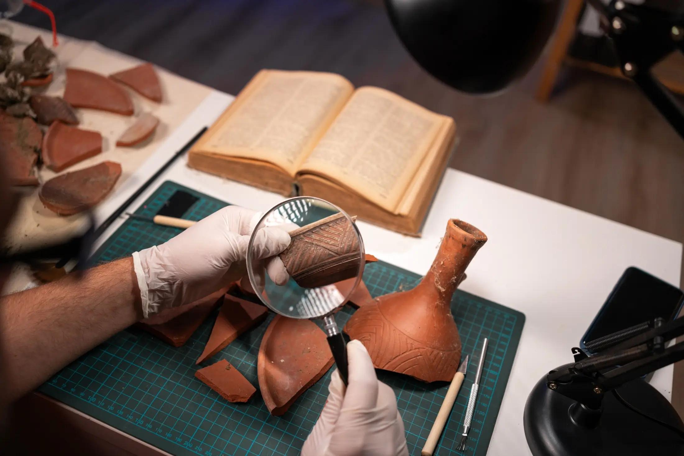 Muž sedí u stolu, na kterém má položenou zelenou podložku. Na dané položce je položená rozbitá keramika. Danou keramiku lze vidět také v levém rohu obrázku. V pravém zase část černé lampy a před mužem je otevřená kniha. Muž drží lupu a zkoumá keramiku zblízka.