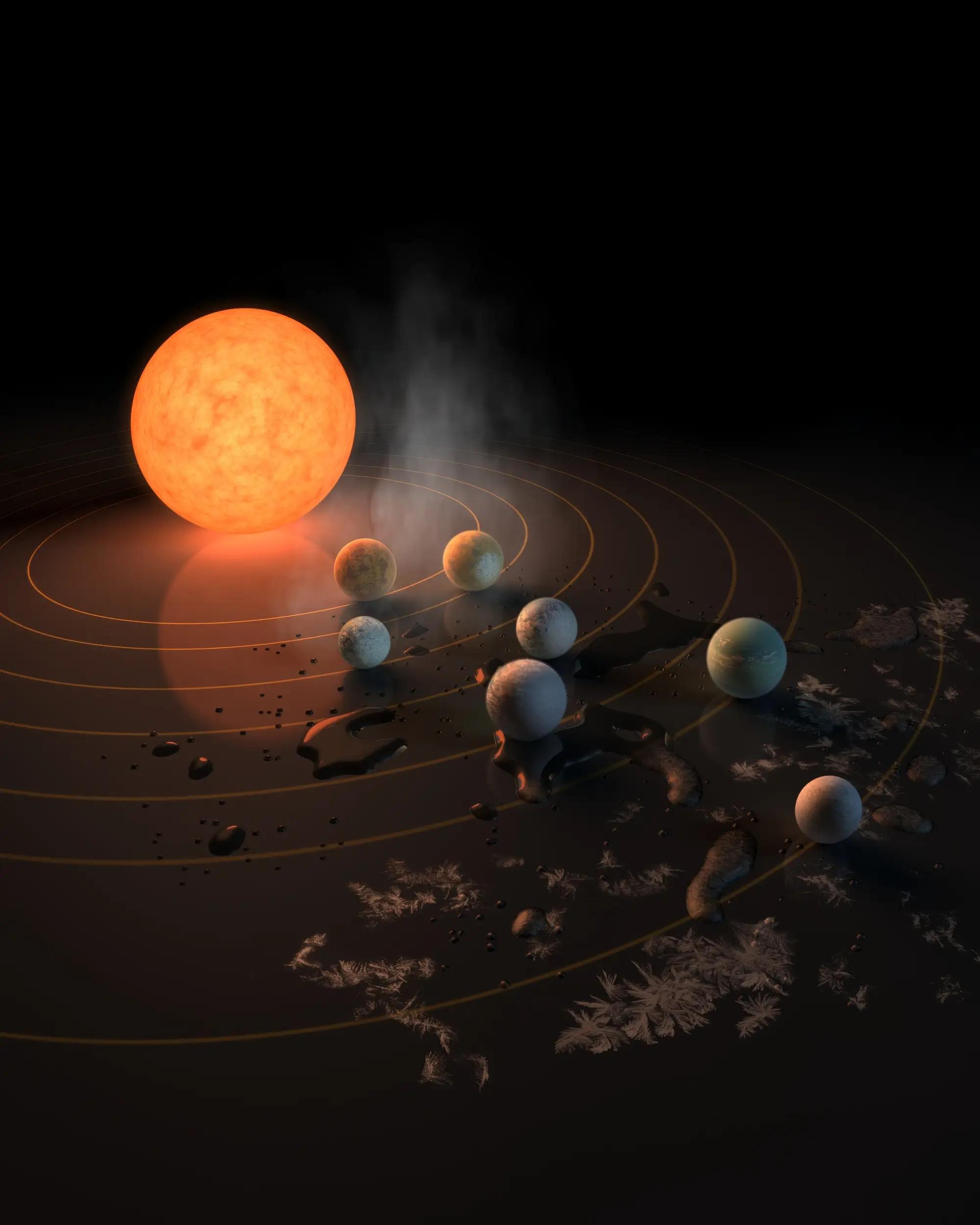 Umělecké znázornění Hvězdy TRAPPIST-1 a jejich planet