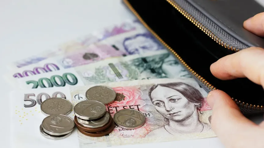 4eské bankovky a mince leží před otevřenou peněženkou