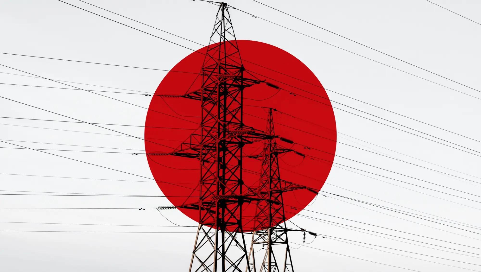 Koláž japonské vlajky a elektrického vedení