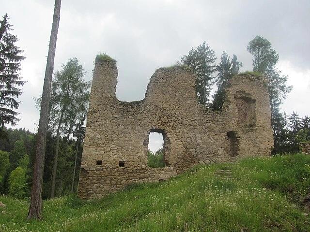 Část hradu Pořešína nacházejícího mezi stromy s třemi okenními otvory 