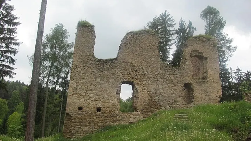 Část hradu Pořešína nacházejícího mezi stromy s třemi okenními otvory