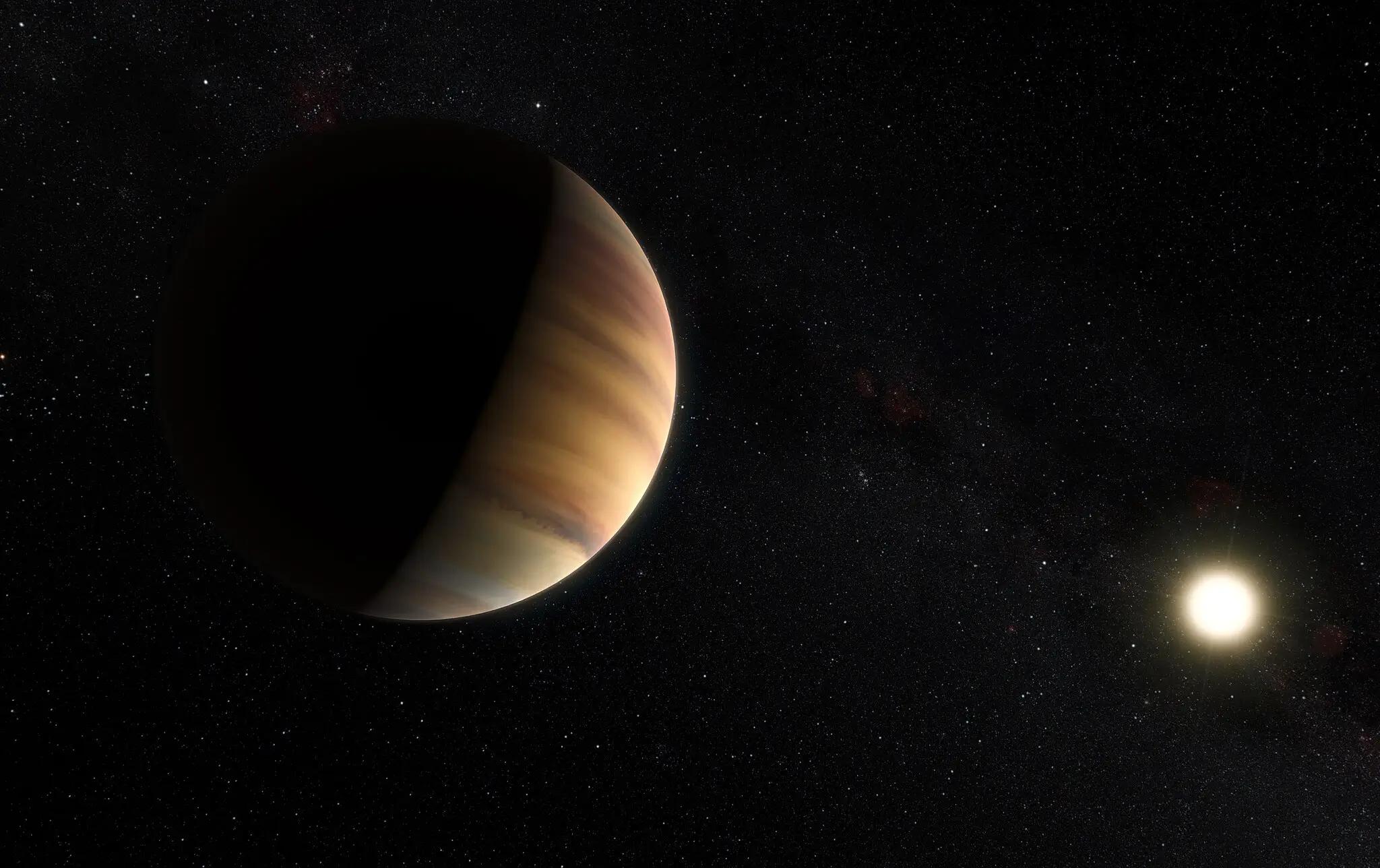 Ztvárnění exoplanety 51 Pegasi b obíhající svou hvězdu.