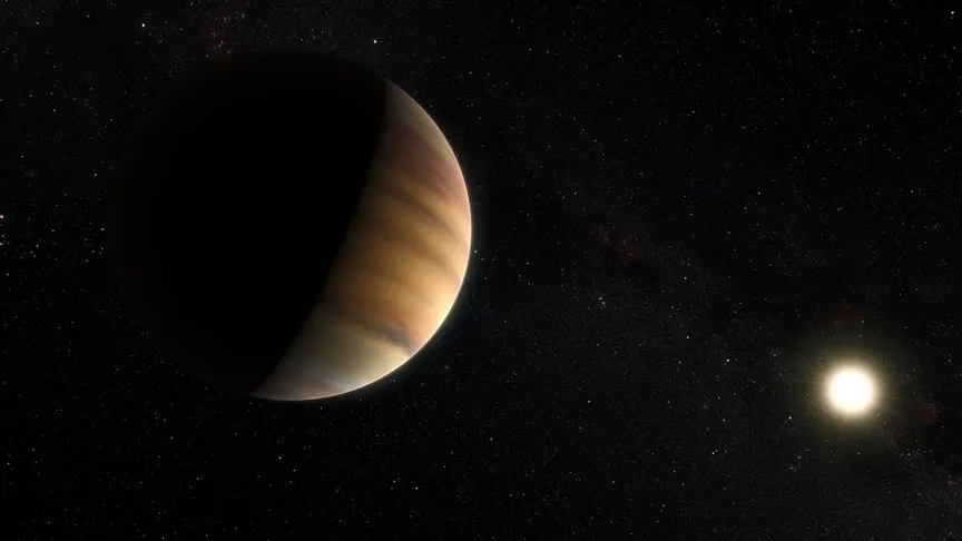 Ztvárnění exoplanety 51 Pegasi b obíhající svou hvězdu.