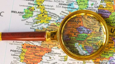 Mapa Evropy s lupou přibližující státy střední Evropy