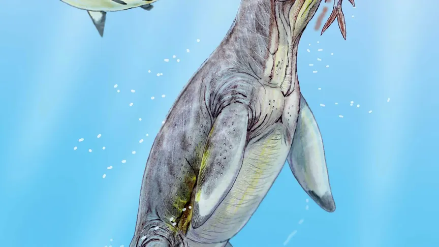 Kresba pliosaura s ulovenou kořistí