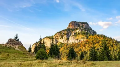 Obrázek ukazuje malebné hory s lesem.