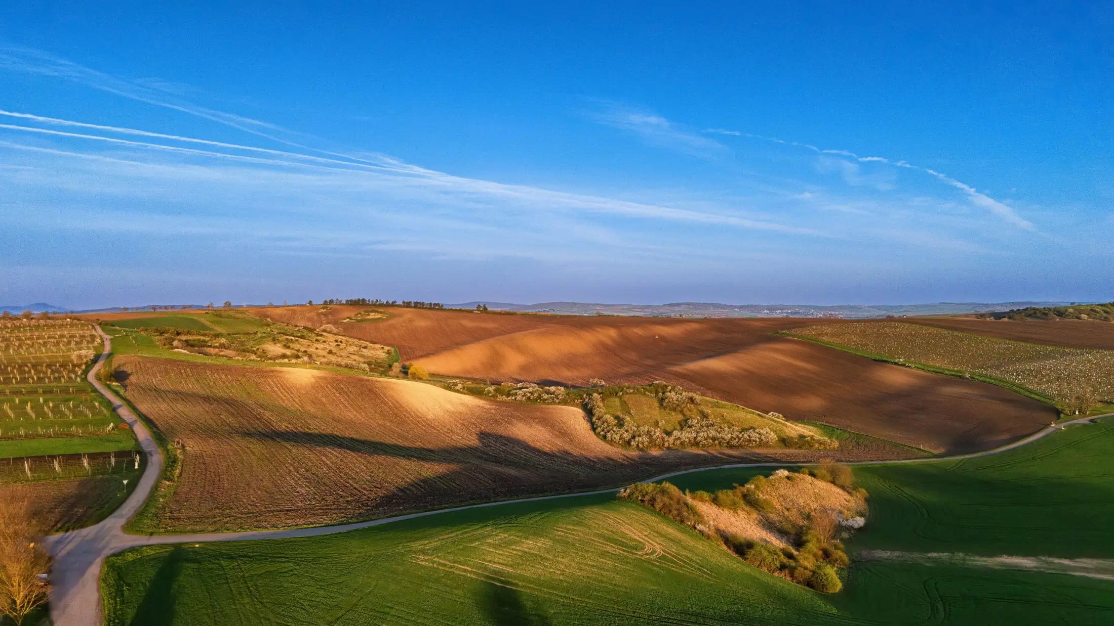 Panoramatický výhled nad krajinu Kyjovska. Je krásný den, téměř bez mráčků. Slunce krásně osvětluje zelené i hnědé pole v dálce.