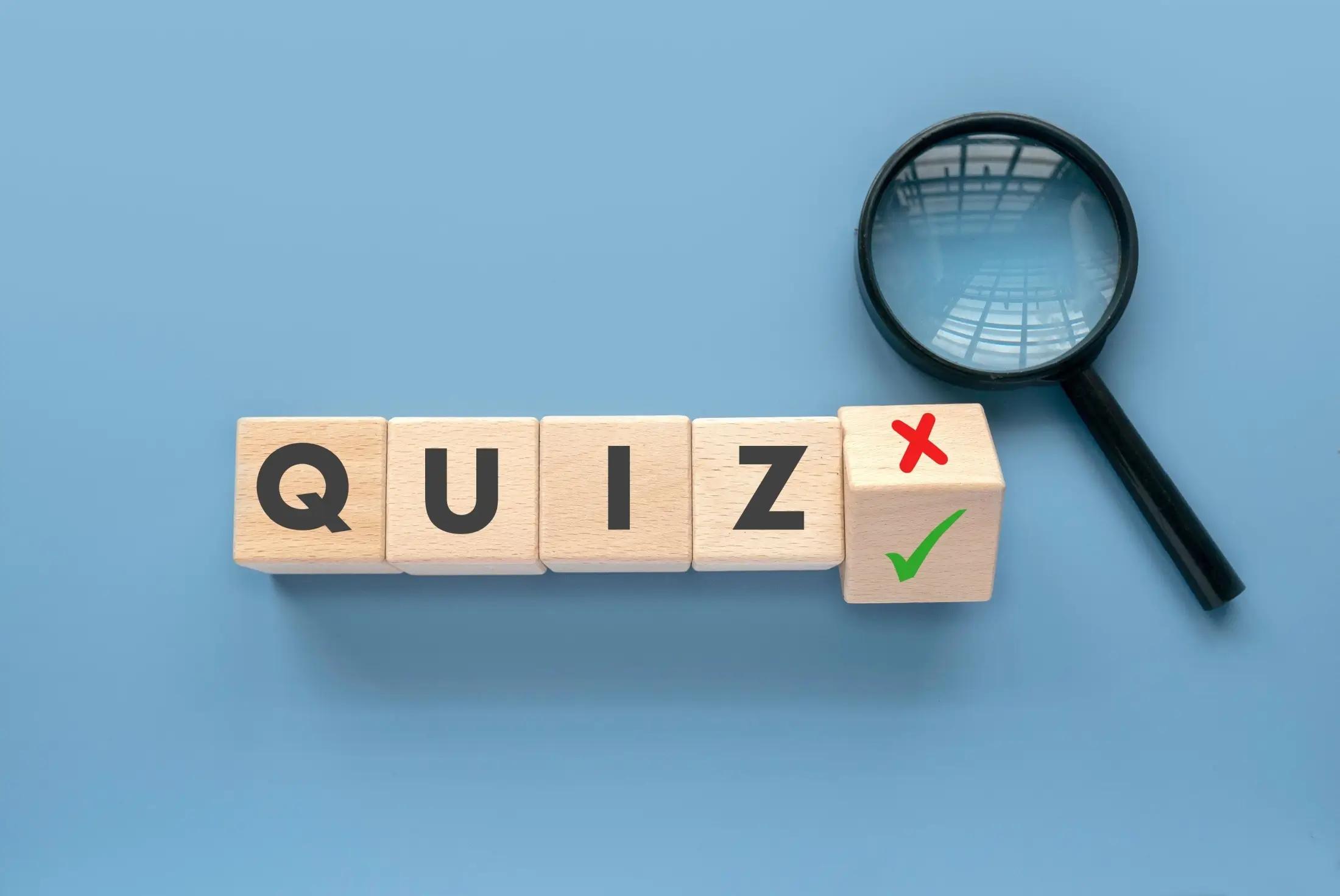 Modré pozadí, na kterém jsou kostky. Na kostkách jsou písmenka, která sestavily nápis „QUIZ“.  Na poslední kostce je také fajfka a křížek. Vedle nápisu leží lupa.