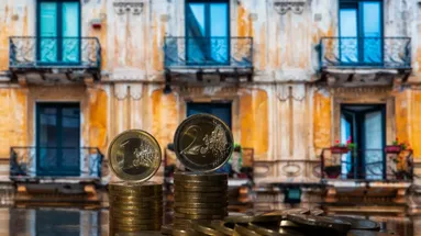 Historický dům s euro mincemi v popředí