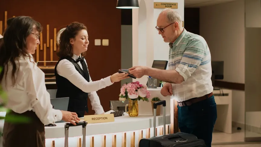 Starší muž stojí na recepci v hotelu. Vypadá to, že pán recepční něco platí kartou. Nalevo od něj stojí také starší paní, nejspíše jeho manželka. Oba dva mají kufry, jsou oblečeni slušně a nosí brýle.