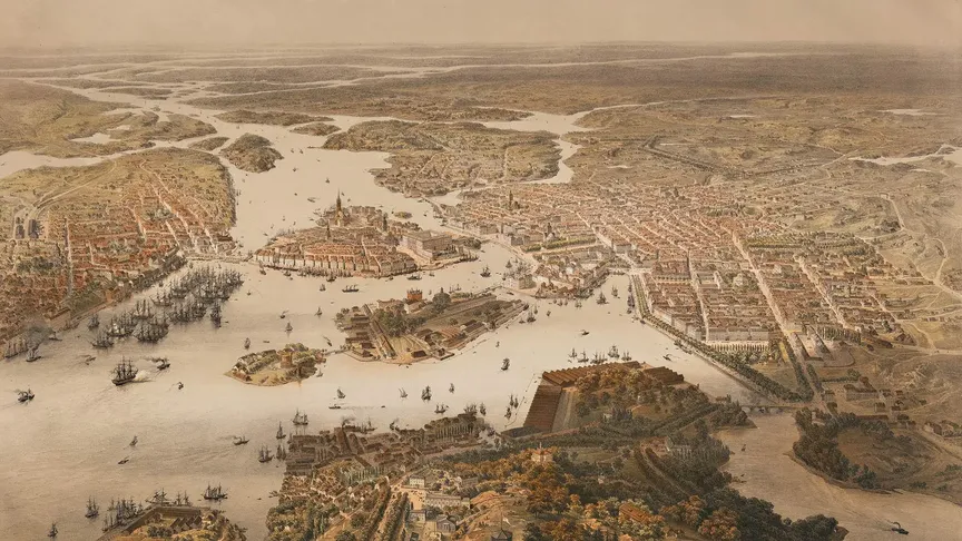 Stockholm z roku 1868 na staré kresbě