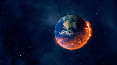 Pohled na planetu, která z poloviny hoří