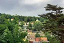 Pohle na město Jáchymov obklopené stromy. V pozadí se nachází kaple sv. Jana Nepomuckého
